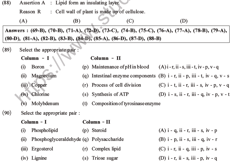 NEET Biology Biomolecules MCQs Set C, Multiple Choice Questions